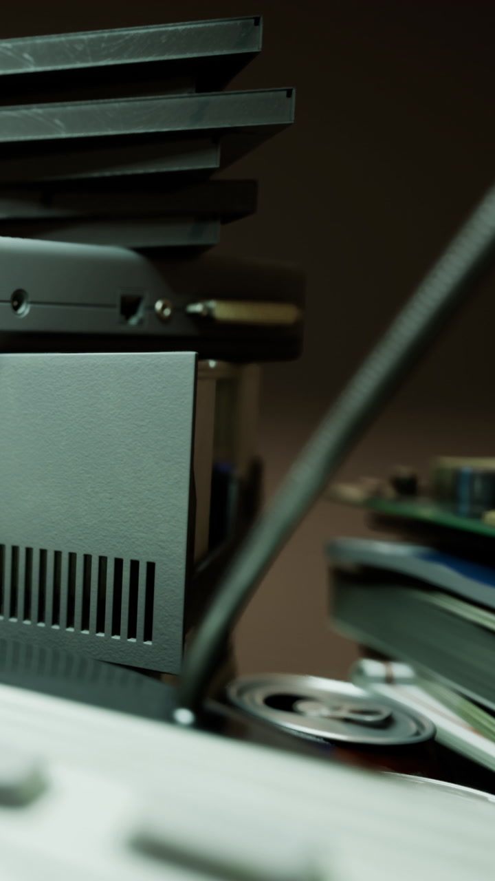 Old computer equipment stacked on a desk during a tech workspace setup