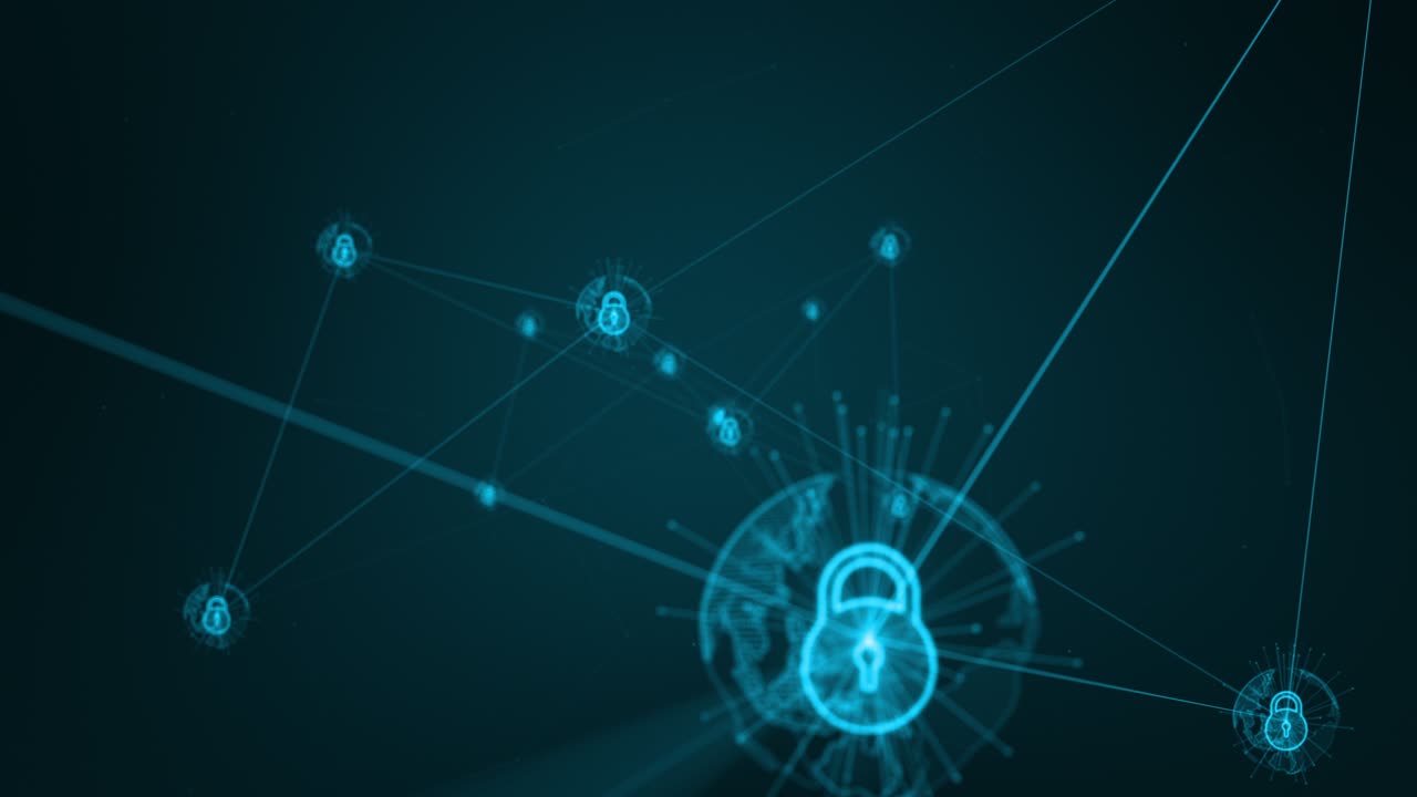 Motion graphic of Blue security key icon and futuritic earth sphere network connection abstract background concept camera zoom in seamless loop video