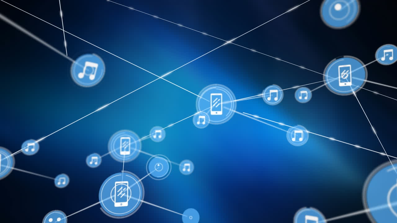 Animation of network of digital icons over blue glowing effect against black background