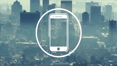 animation of smartphone icon and data processing over cityscape