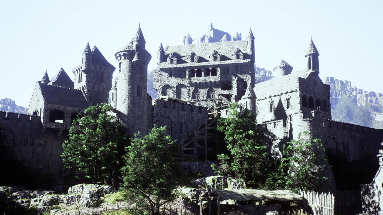 Majestic medieval castle perched on rocky terrain surrounded by greenery