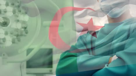 animation of flag of algeria waving over surgeon in operating theatre