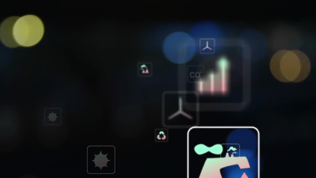 animación de icono en cuadrados sobre llamaradas de lente y vehículos borrosos que se mueven por la calle en la ciudad