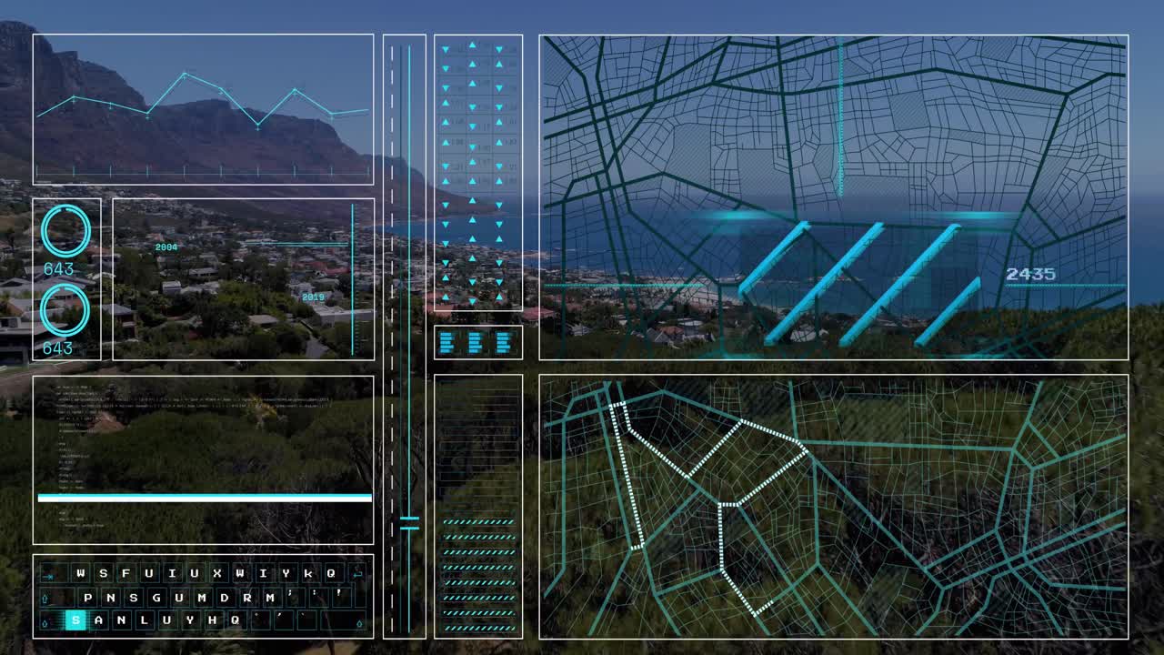 animación de la interfaz con el procesamiento de datos frente a una vista aérea del paisaje urbano