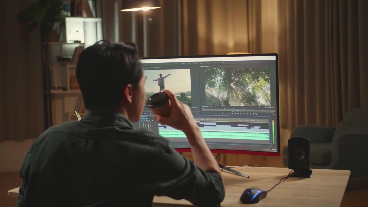Asian Male Video Editor Works And Drinking Coffee With His Personal Computer, He Works Late At Night