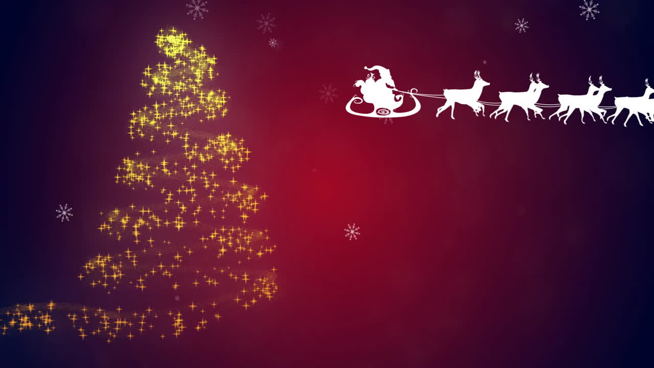 árbol de navidad y copos de nieve animación sobre fondo rojo