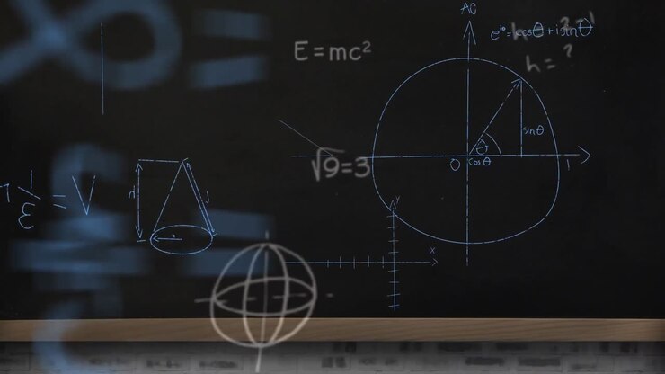 Animation of mathematical equations and diagrams against blackboard