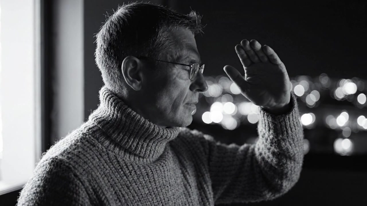 A contemplative man in a cozy sweater gazes thoughtfully into the distance, lost in his own thoughts, as twinkling city lights create a serene backdrop at night.