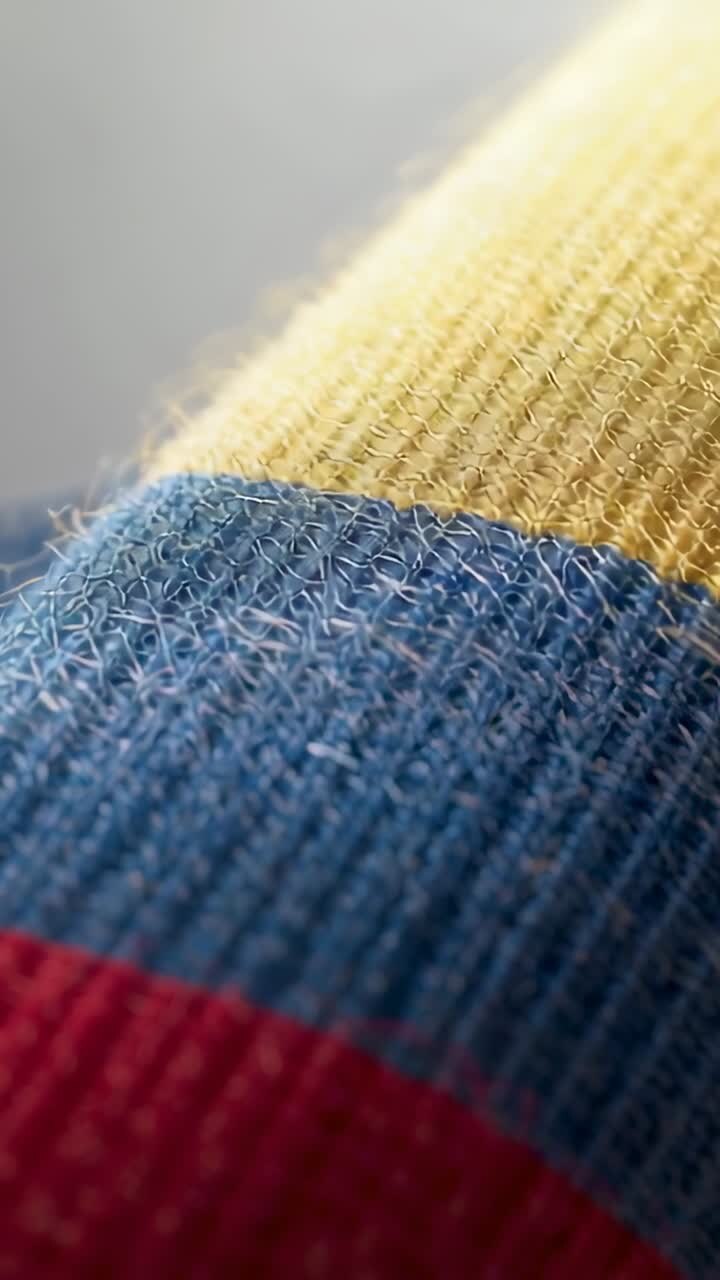 Vertical video: Panning camera moving up over striped knit sweater in studio showing pilled fuzz