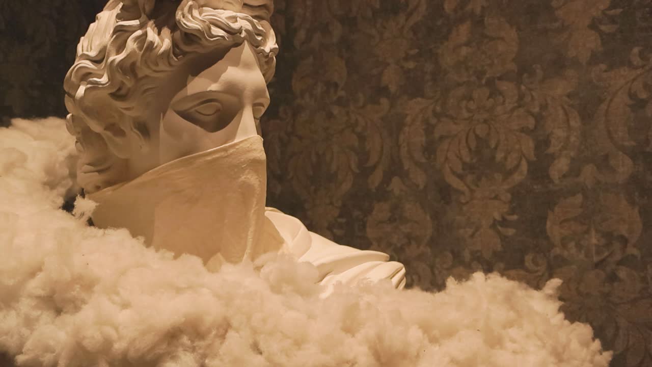 A white sculpture with a fluffy scarf made by Banksy at his exhibition. The sculpture is depicting wearing a mask and a vintage wallpaper is in the background. Good lighting on the statue.