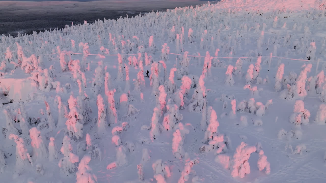 Ripresa con drone che circonda uno sciatore di fondo in cima a una vetta, alba in Lapponia.