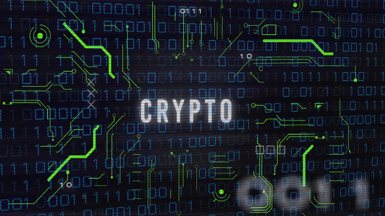 animación de código binario y texto criptográfico sobre fondo de datos digitales