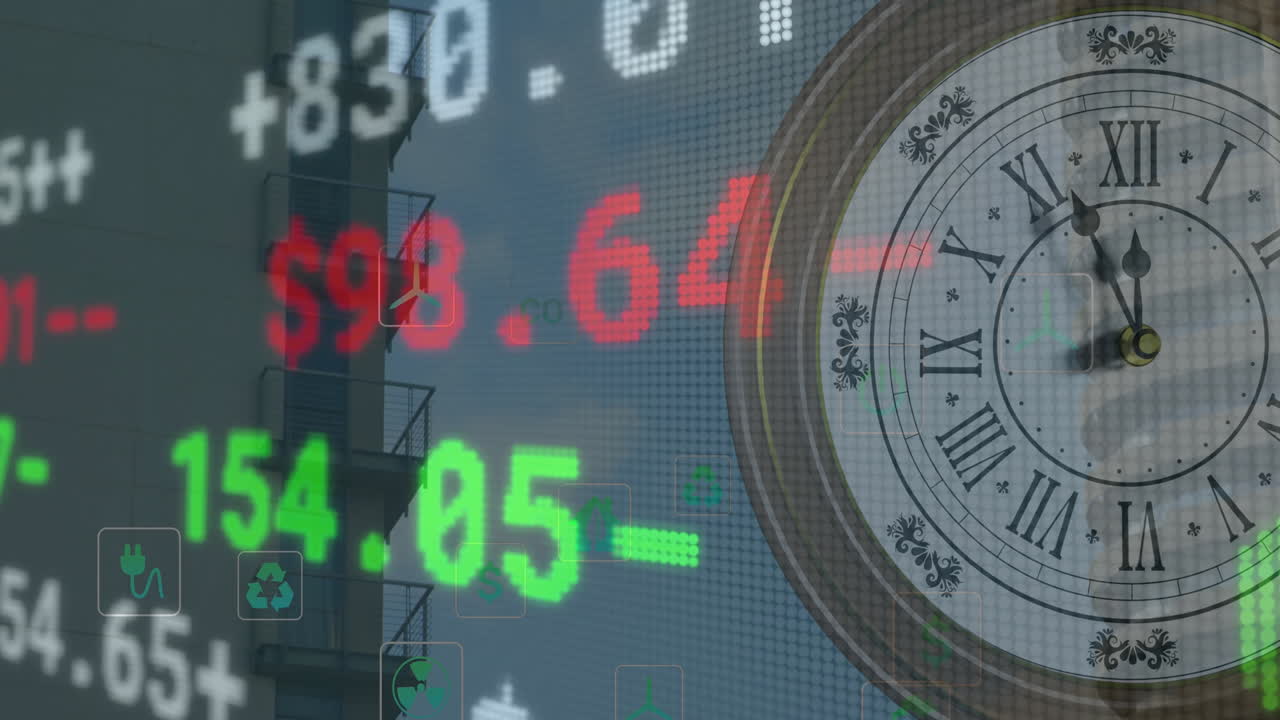 Animazione di elaborazione di dati finanziari su orologio e piattaforma petrolifera