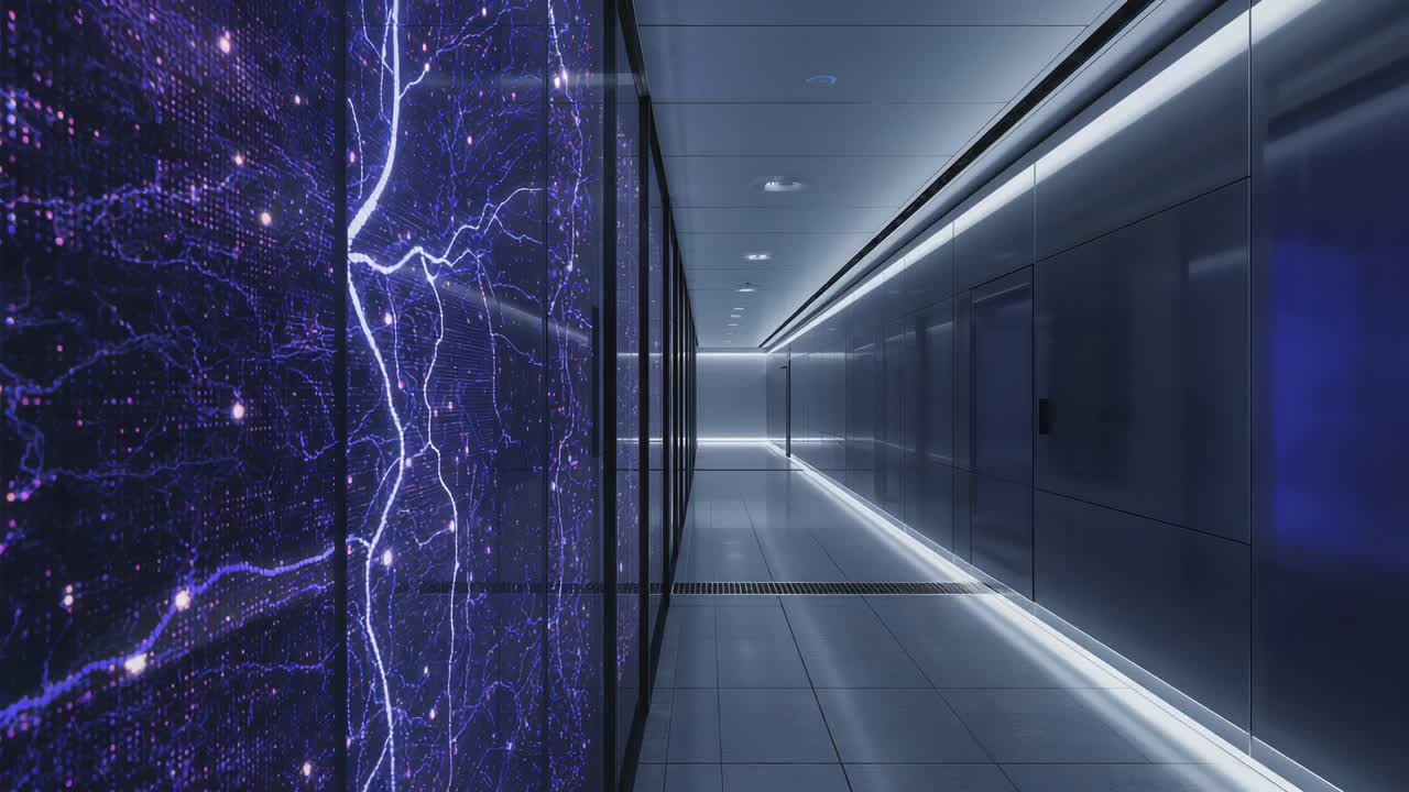 Central corridor pathway remaining empty in data center with pulsing purple panels and doors