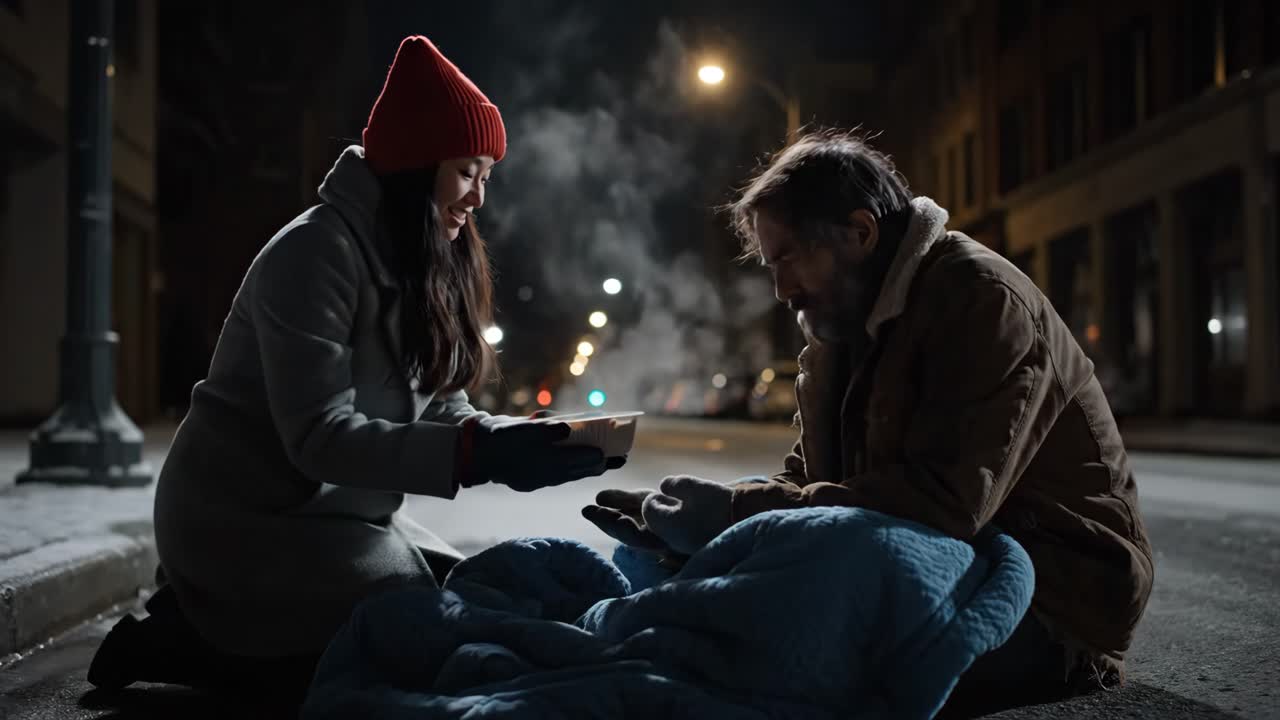Vriendelijke vrouw helpt dakloze man op koude winternacht
