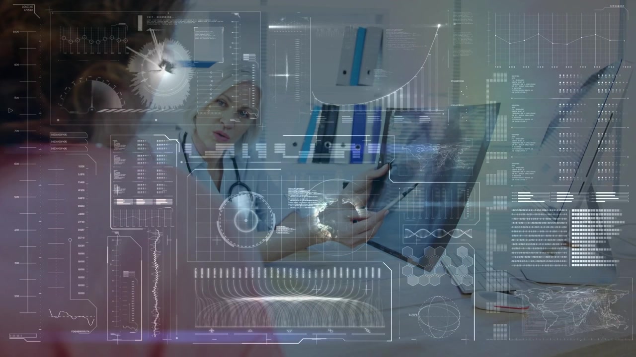 Animation of circles, soundwaves, database over caucasian doctor explaining x-ray report to patient
