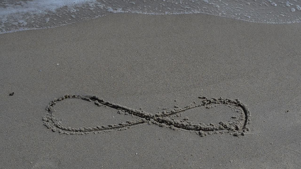 Sign infinity on sand, the beach. Shooting on the beach