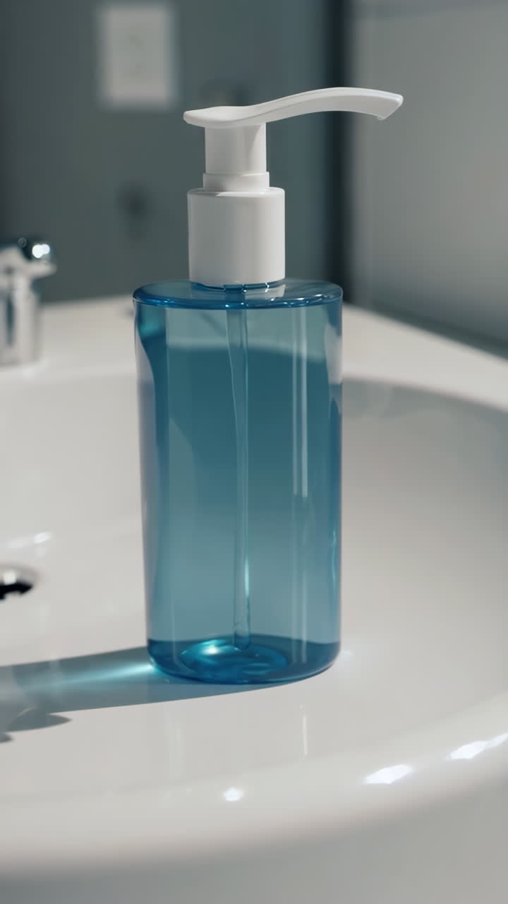 Blue Soap Dispenser on a White Sink