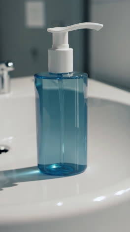blue soap dispenser on a white sink
