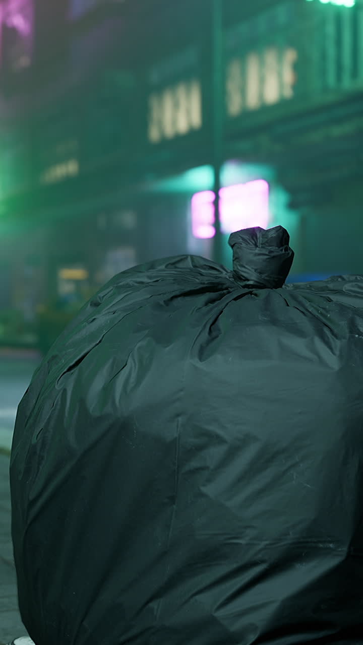 밤 에 도시 거리 에서 쓰레기 가방