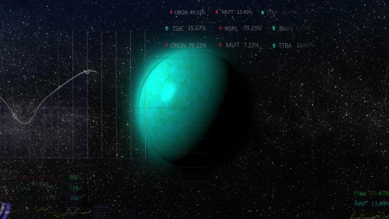 Planet berwarna pirus muncul di medan bintang, menampilkan label metrik yang naik, bilah yang terisi, dan garis yang melacak.