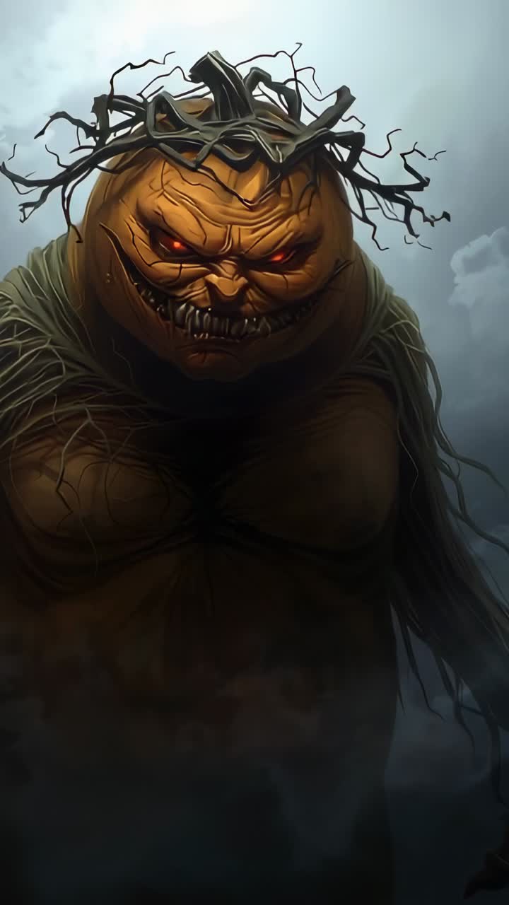 Vertical video: Opening shot showing creature standing in fog, with glowing red-eyed pumpkin head