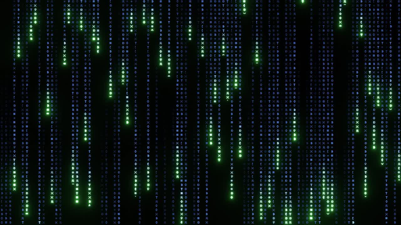 Matrix inspired seamless animation video, crypto symbols, encrypted data running on a black background, concept of digital age