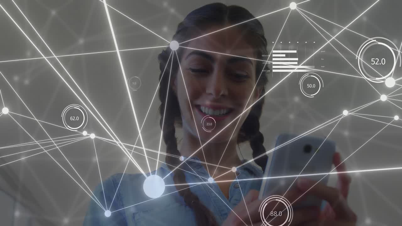 Animation of networks of connections with data over caucasian businesswoman with smartphone
