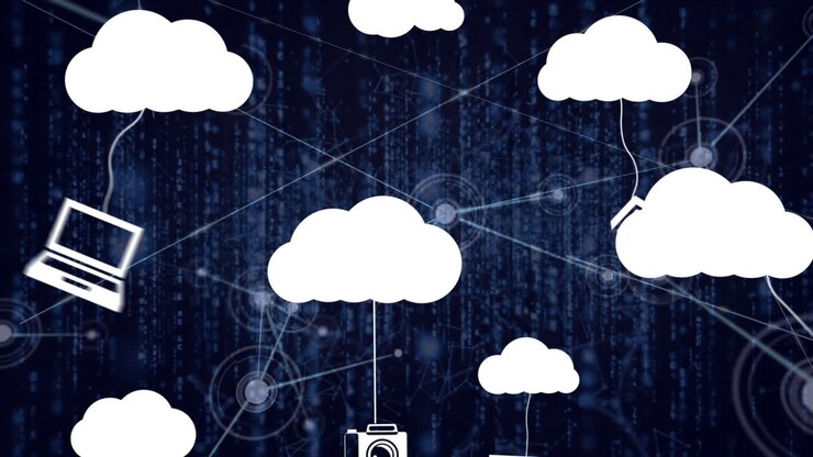 Animation of clouds icons over network of connections and data processing