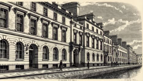 19th century engraving of a grand city street and classical buildings