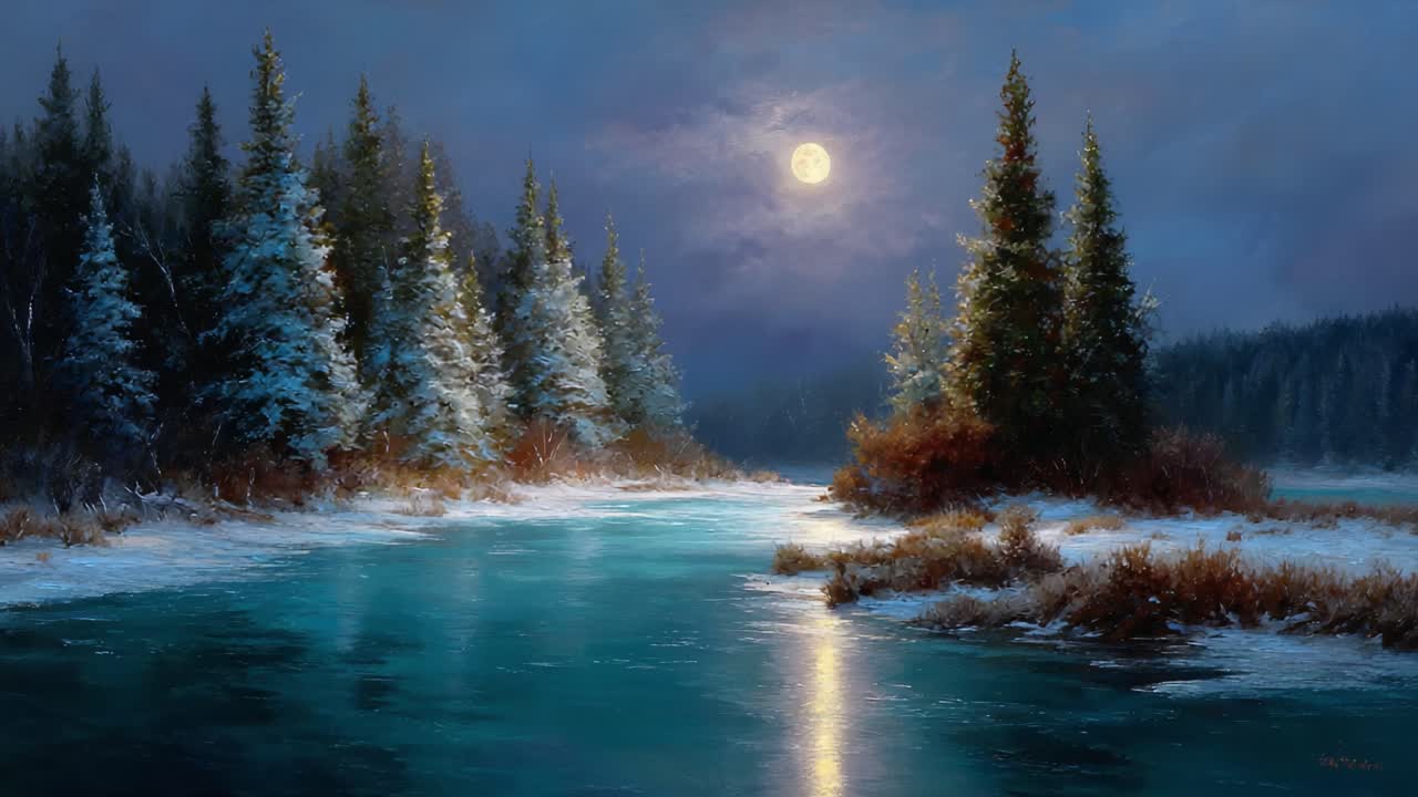 A serene winter night landscape featuring a luminous moon reflecting on a tranquil river surrounded by snow-covered trees and gentle frost, creating a peaceful ambiance