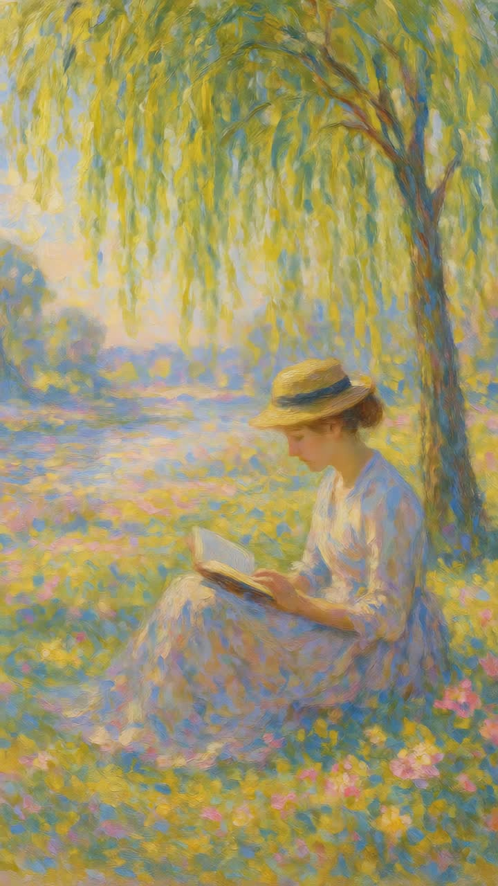 Impressionist-style video still of a woman reading under a willow tree