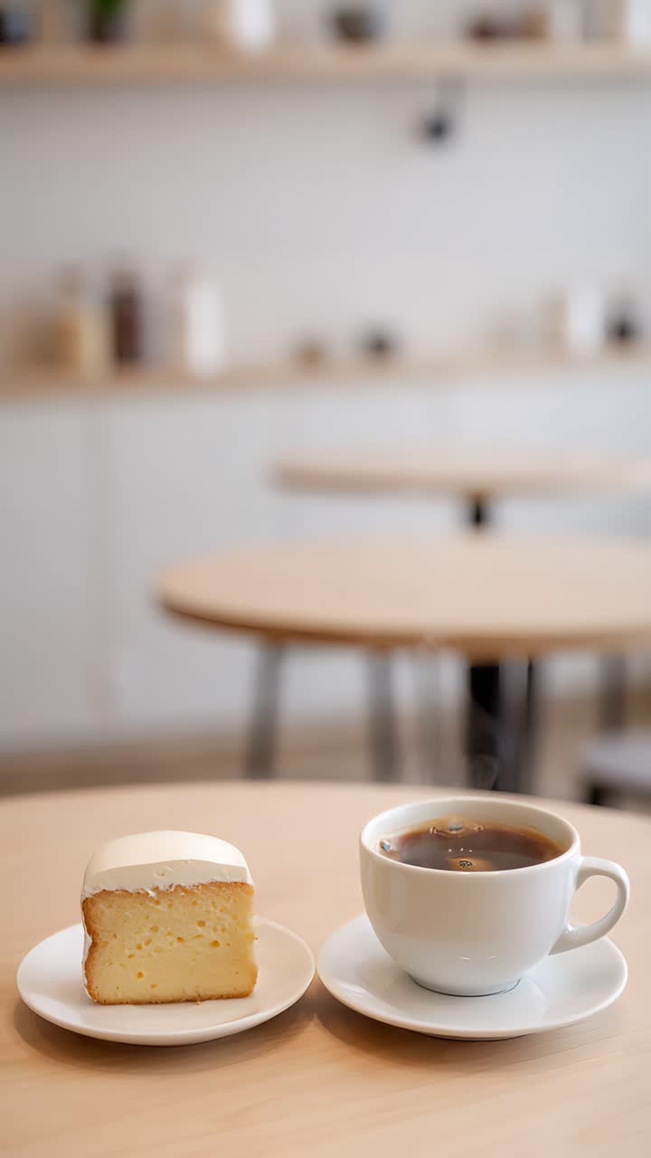 Kake og kaffe i en estetisk kafé med koselig atmosfære 4K