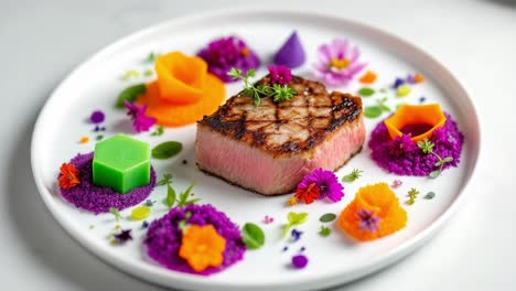 grilled steak presented on a white plate, surrounded by an array of colorful edible flowers and vibrant garnishes, showcasing culinary artistry and attention to detail in food presentation