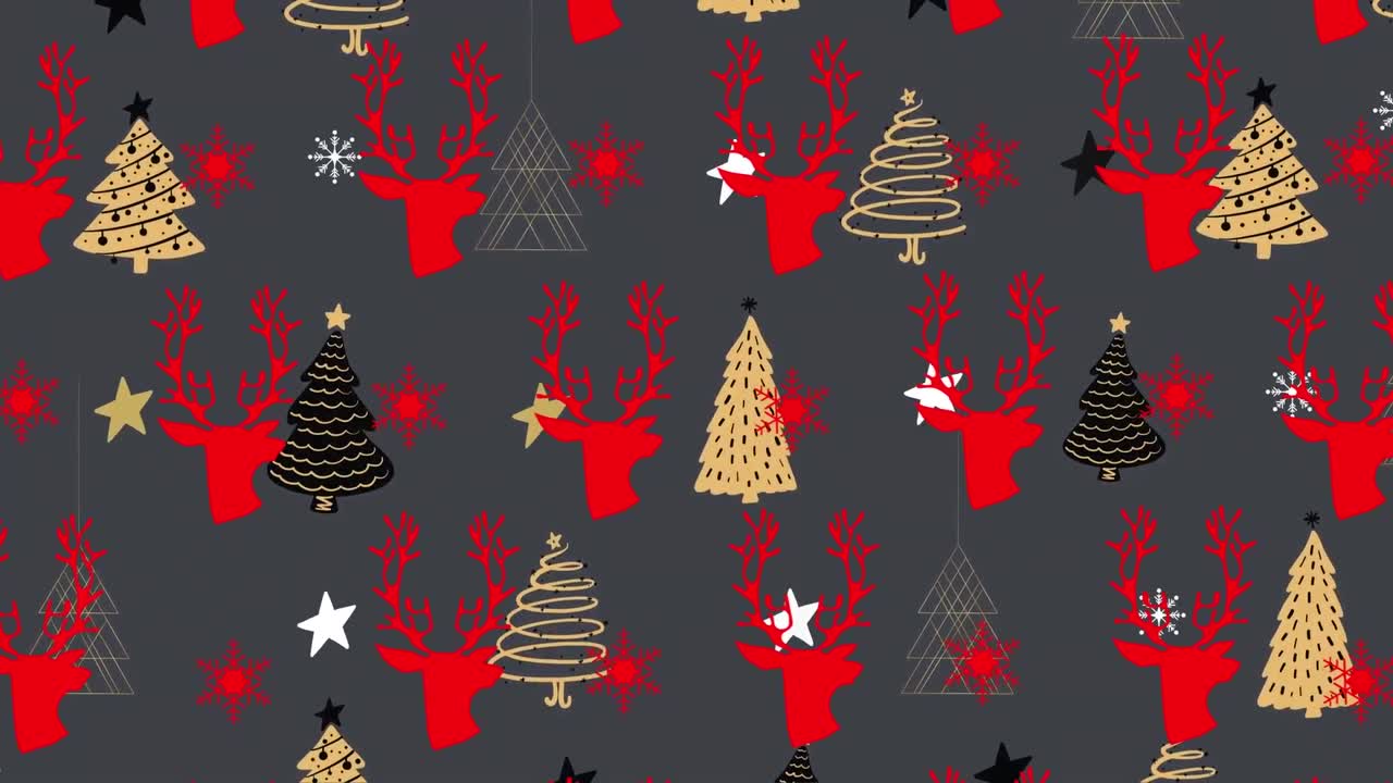 animación digital de árbol de navidad, renos y estrellas iconos en patrón sin costuras sobre fondo gris