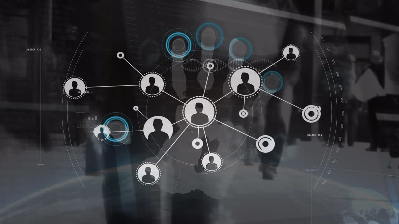 Animation of data processing and icons over people walking