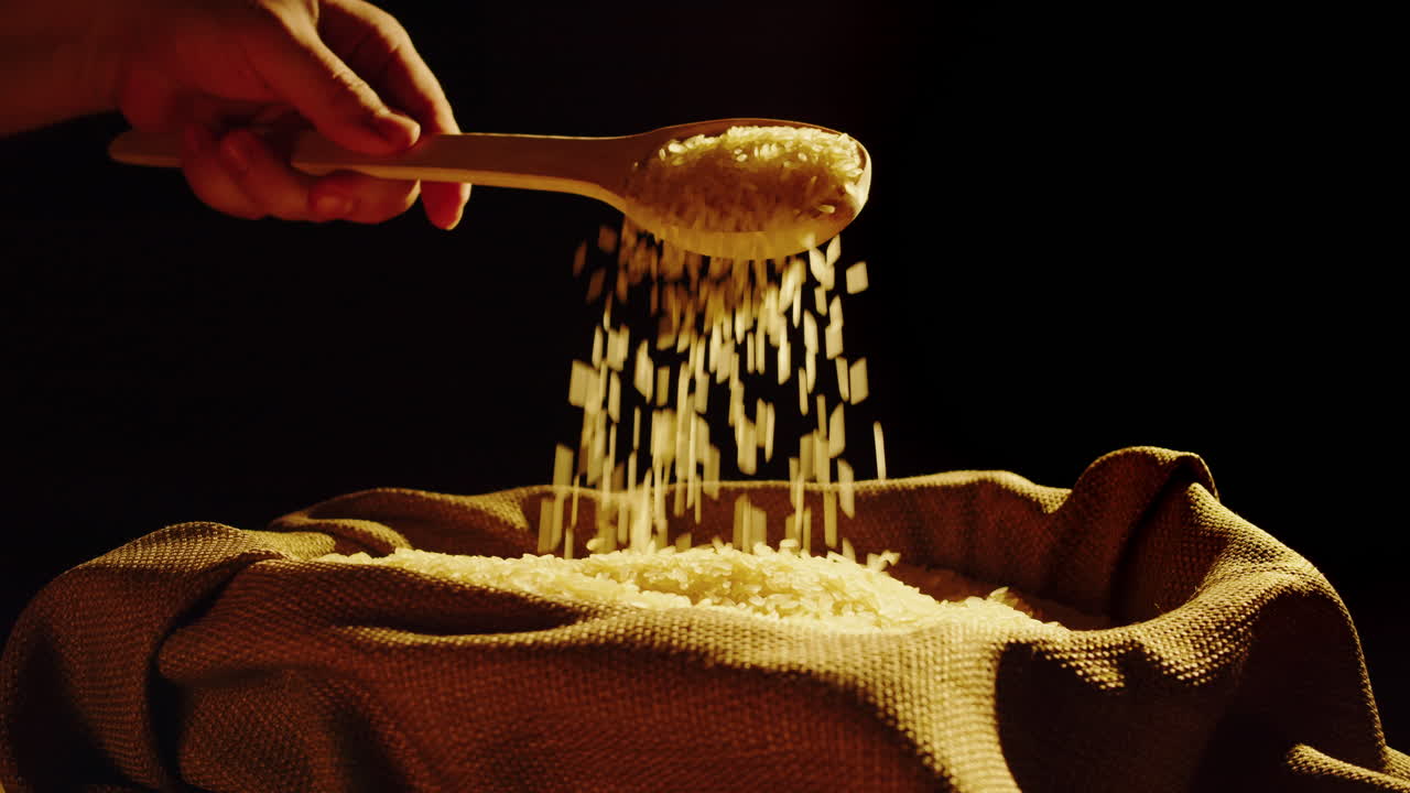 Pouring Rice Grains into a Burlap Sack with a Wooden Spoon