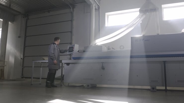 Worker Operating Woodworking Machinery in a Factory