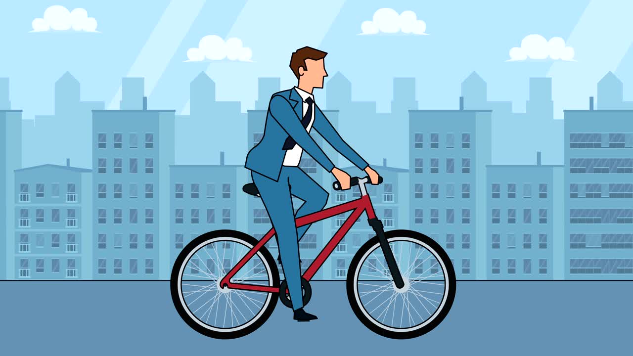 평평한 만화 사업가 캐릭터 자전거 타는 빨간 자전거 애니메이션