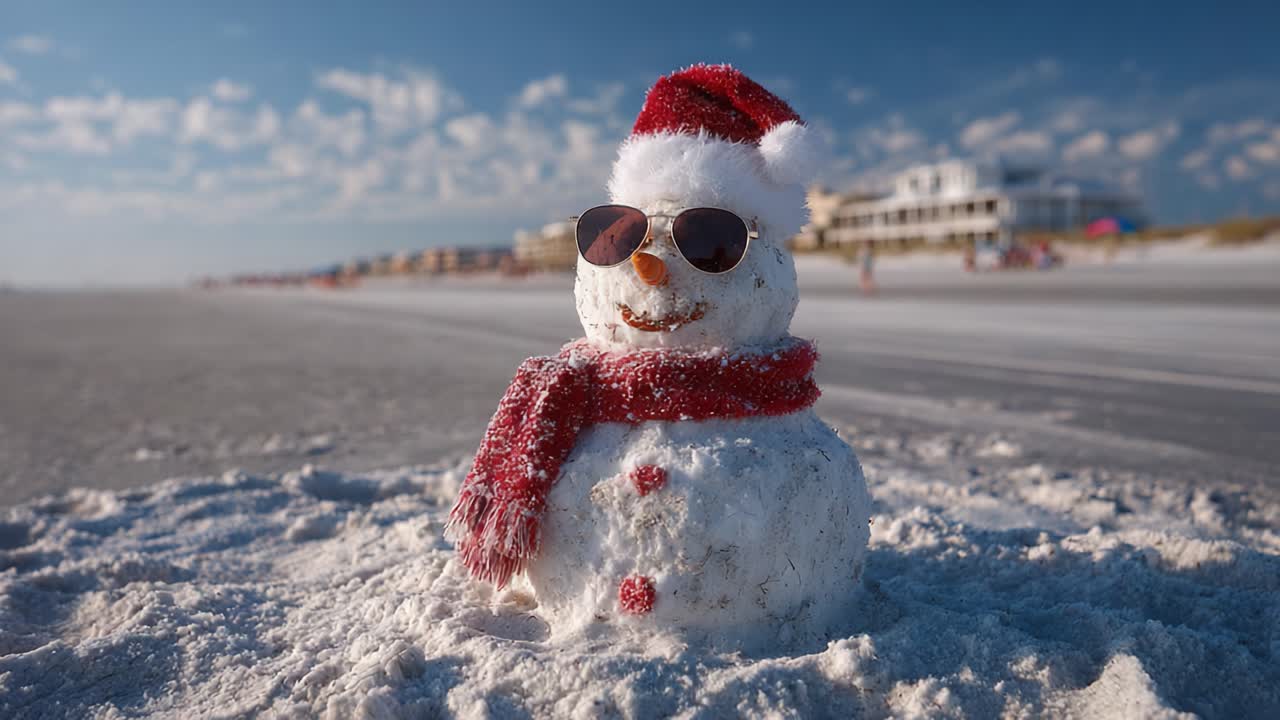 A Playful Snowman in Santa Hat and Sunglasses Enjoys a Day at the Beach, Surrounded by Beachgoers in the Background, Under a Bright Blue Sky