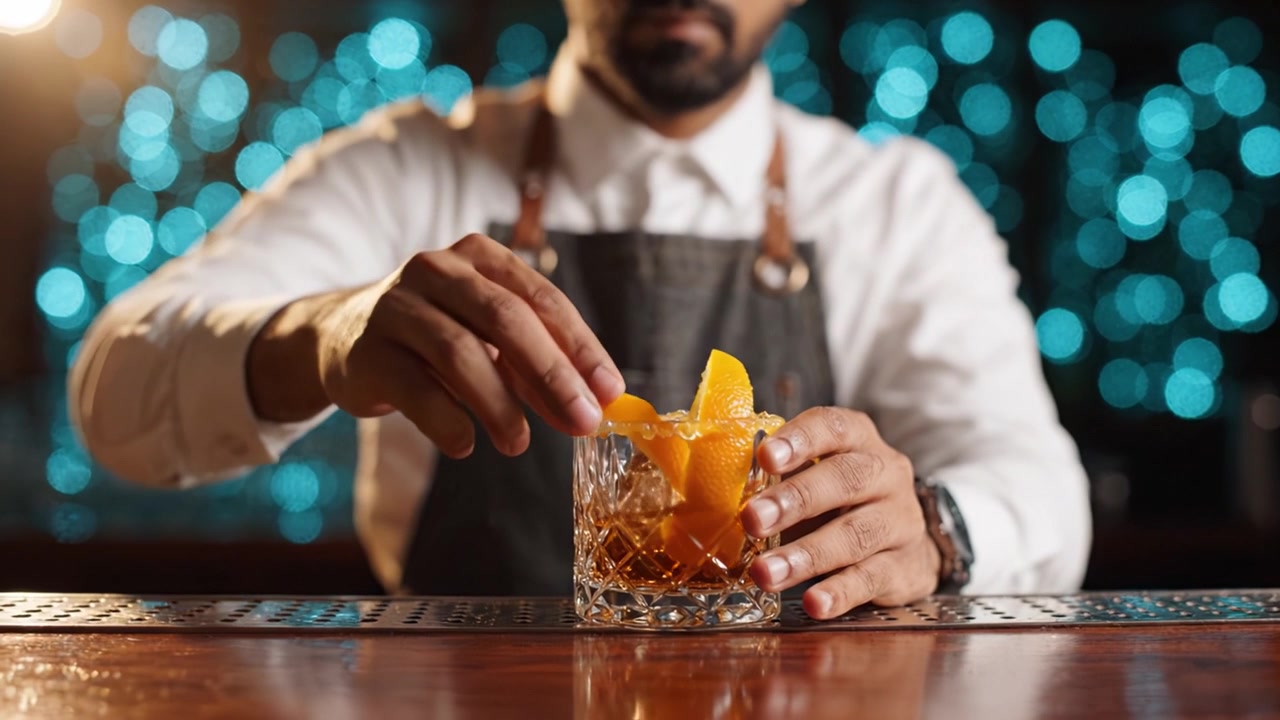 Un barista che guarnisce un bicchiere di whisky con agrumi freschi, catturando l'essenza dell'arte del cocktail e un'esperienza di bevuta sofisticata