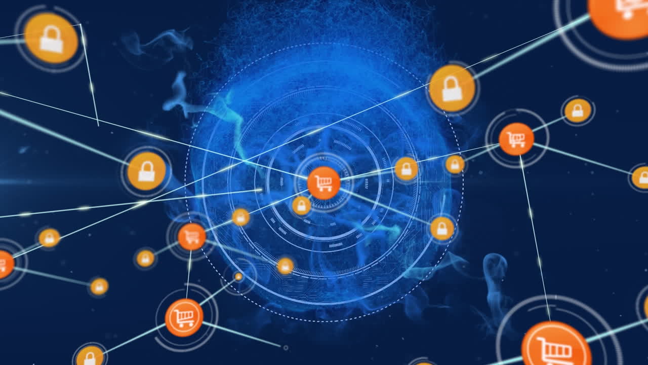 animación de la red de conexiones con iconos de compras en línea en todo el mundo