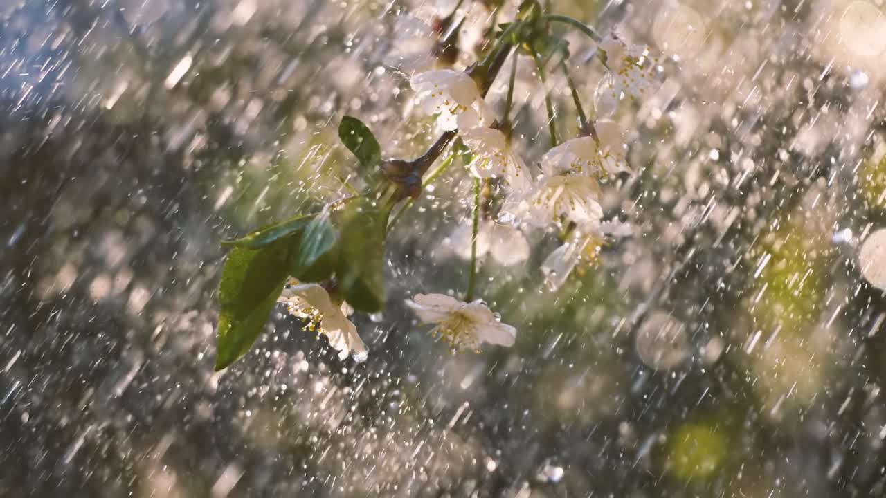 Cherry blossom period. Drops of spring rain fall on a cherry blossom. Shot on super slow motion camera 1000 fps.