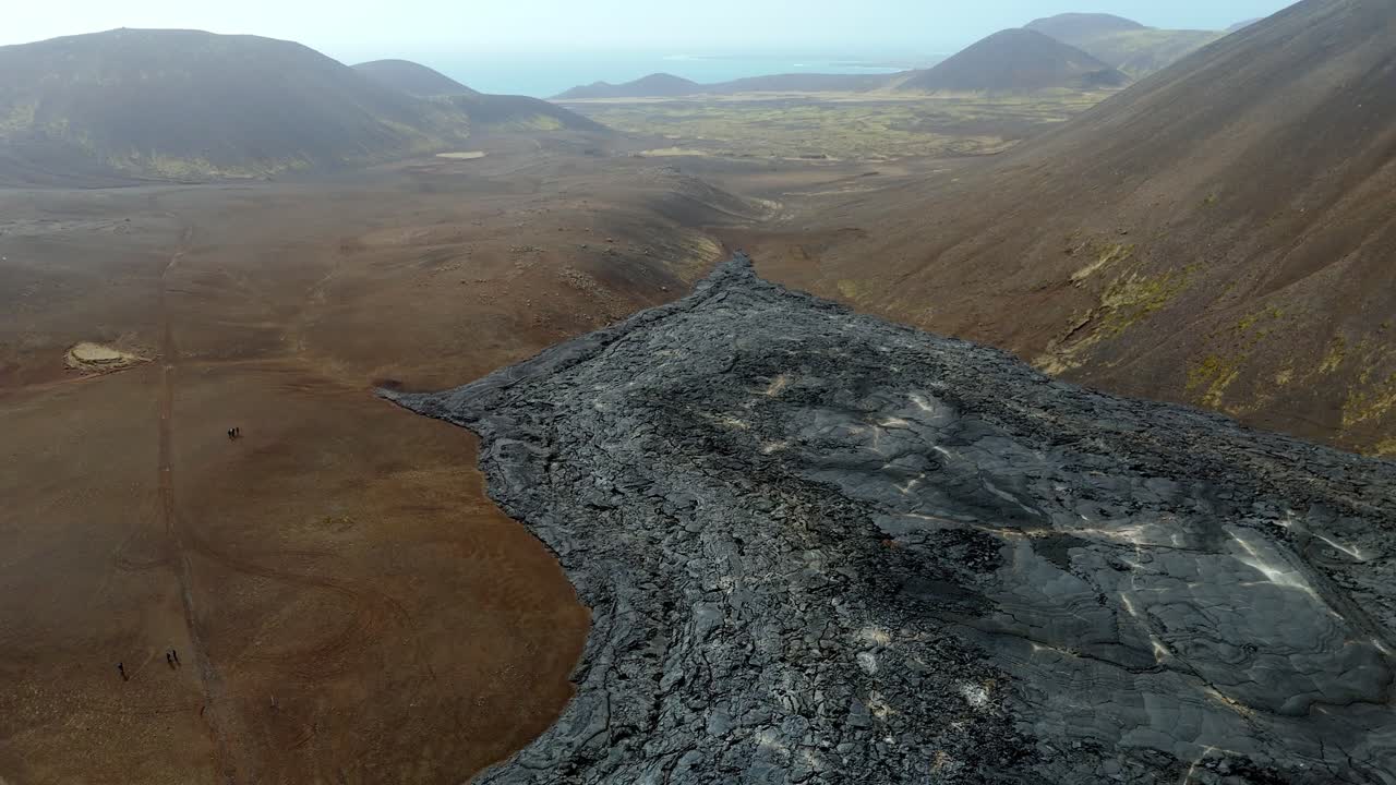 drone fly above solidified lava in the valley of an active volcano in Iceland , Langihryggur
