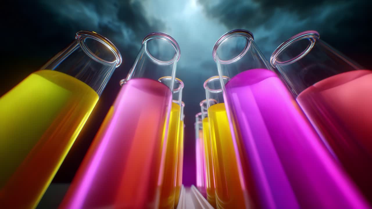A stunning collection of colorful test tubes filled with vibrant liquids against a dramatic stormy sky, showcasing an engaging scene that emphasizes experimentation and the exploration of science and chemistry