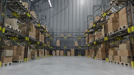 animation of drone view of stacks of boxes in warehouse