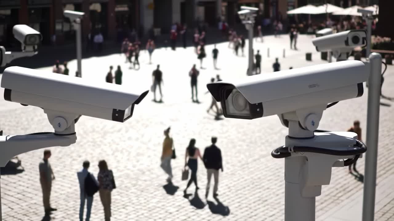 Surveillance Cameras Overlooking a Busy Public Space: Monitoring Foot Traffic and Activity in a Vibrant Urban Environment with People and Architecture