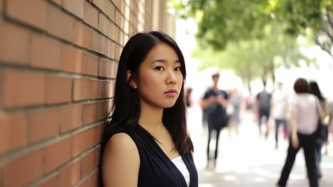 Young Woman Standing Beside a Brick Wall in the City