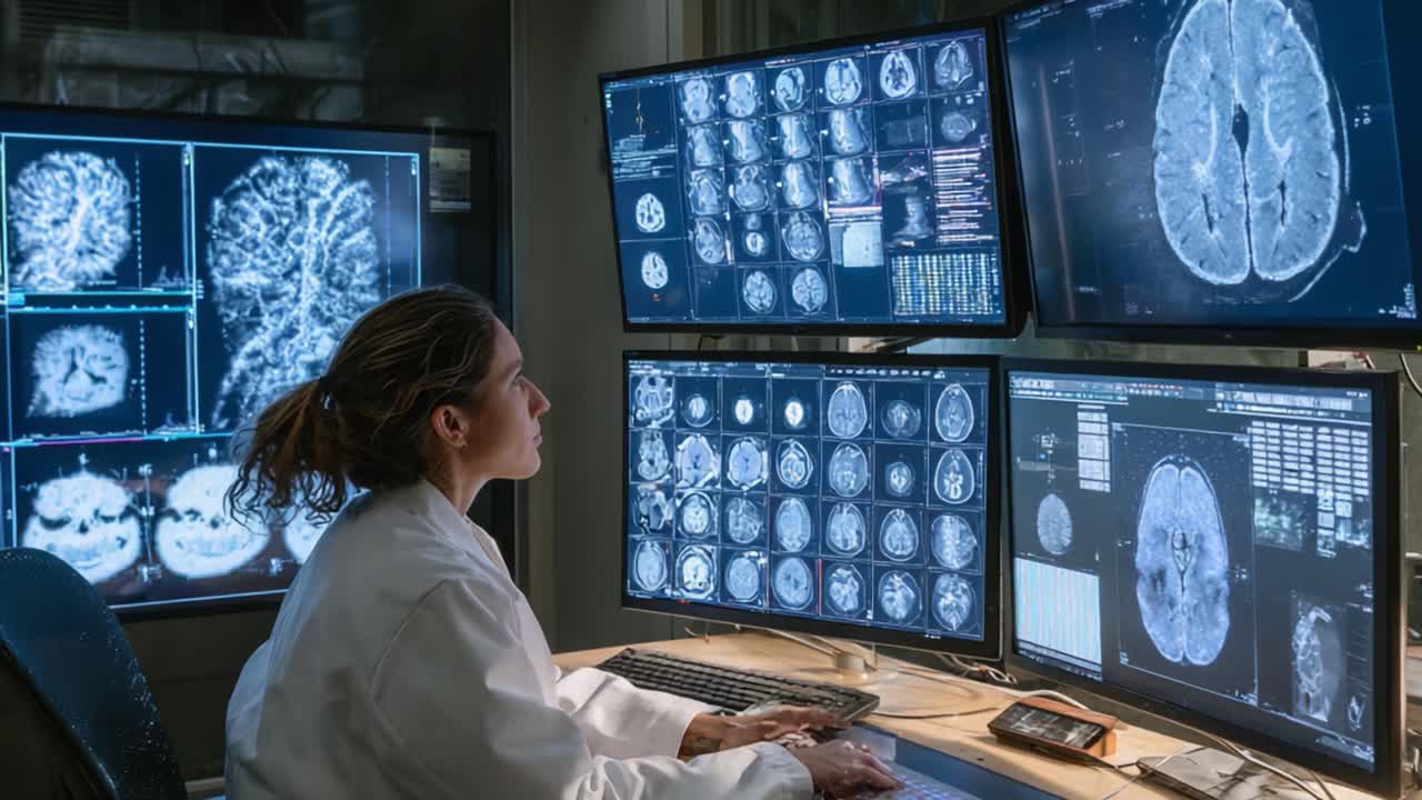 Medical Researcher Analyzing Brain Scans on Multiple Monitors in a High-Tech Laboratory, Focusing on Advanced Neuroimaging Techniques and Diagnostics