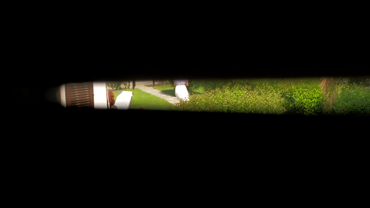 Spying young woman through the sun blinds